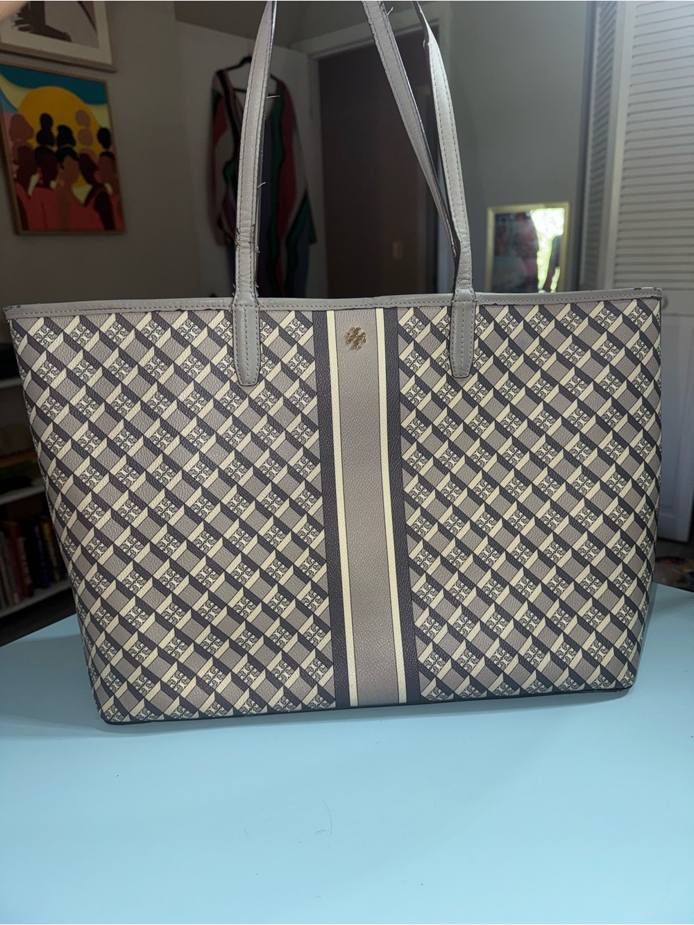 Tory Burch Beige and Gray Patterned Tote